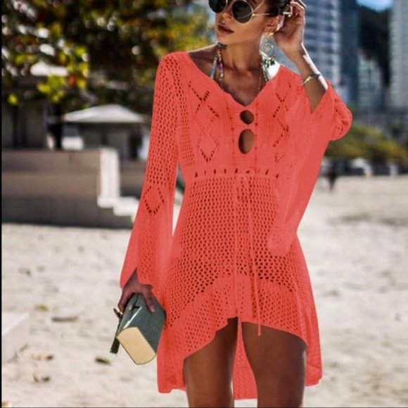 Private Label Other - Eye-Catching Boho Knit Bathing Suit Cover-Up Coral